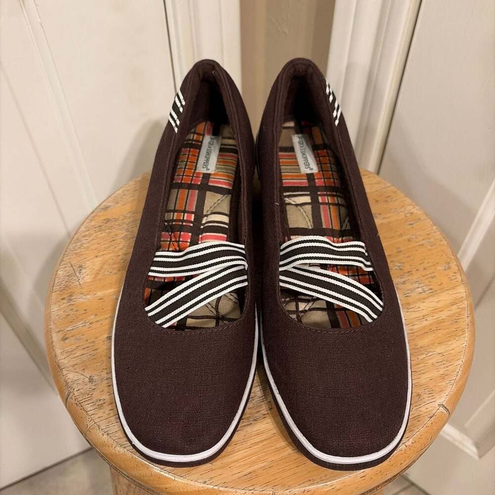 Grasshoppers Brown Canvas Wedge Mary Jane Shoes Size 9
